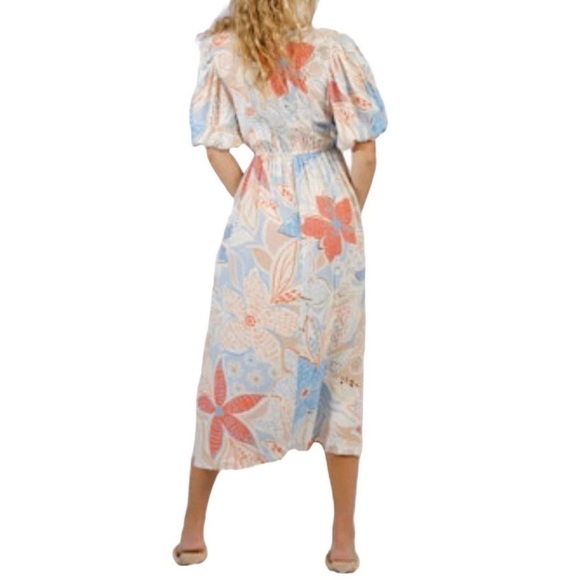 Band Of The Free Sky Blue Sand Floral Dress Size Small V-Neck & Puff Sleeve NWT - Picture 10 of 12